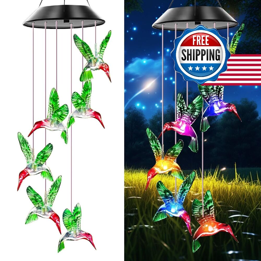 Hummingbird Solar Wind Chimes Outdoor Garden Decor LED Light Color Changing Gift